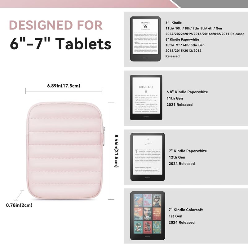 Clezolraa 6-7 Inch Puffy Sleeve Case for 7" Kindle Paperwhite 12th Gen/Colorsoft 2024, 6.8" Kindle Paperwhite 11th Gen, 6" Kindle 11th Gen 2024/2022, Oasis, Protective Pouch Bag, Rose Gold - Image 2